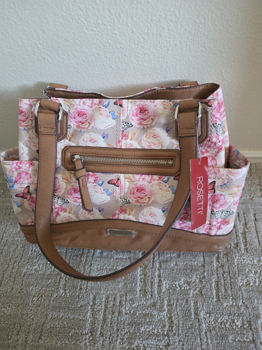 Rosetti Floral Tote with Tan Trim and Pink Rose Print